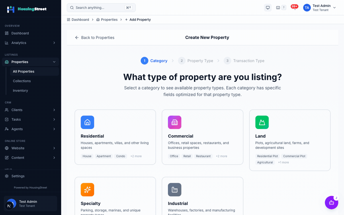 Full flow from New button through details, photos, and publish