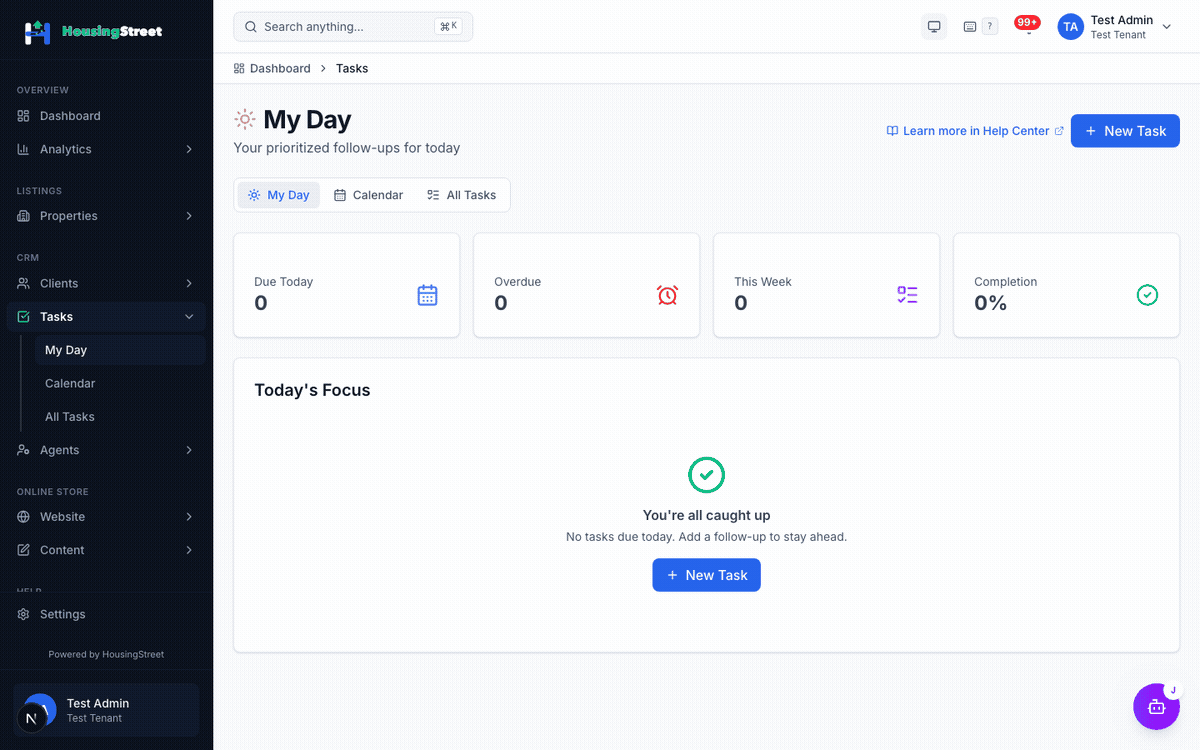 Creating a new task with title, due date, and linked client