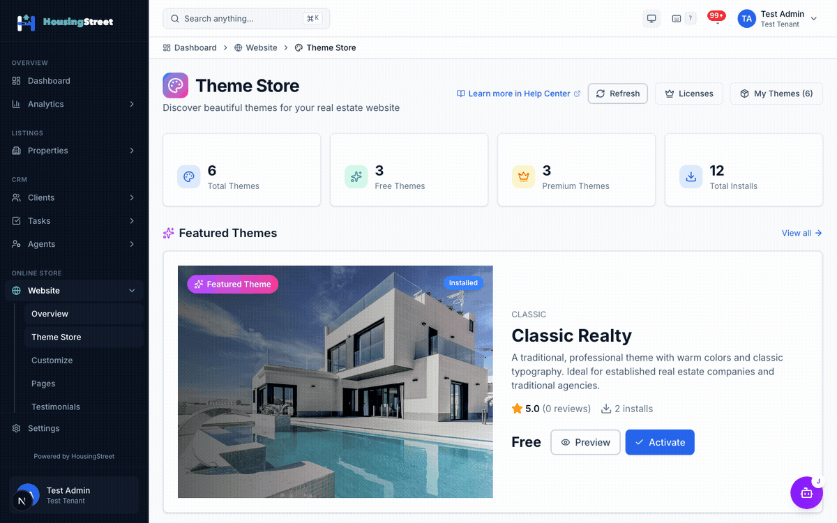 Installing a theme from the store then opening the customizer